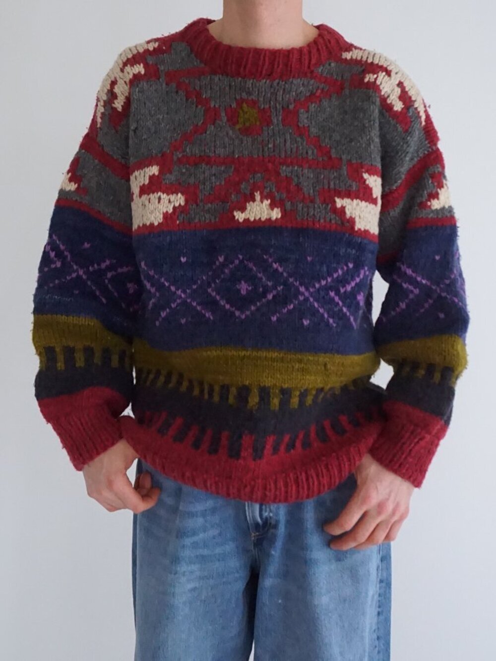 Magic Mountain Red Southwest Aztec Geometric Wool Knit Ecuador Sweater Tribal L